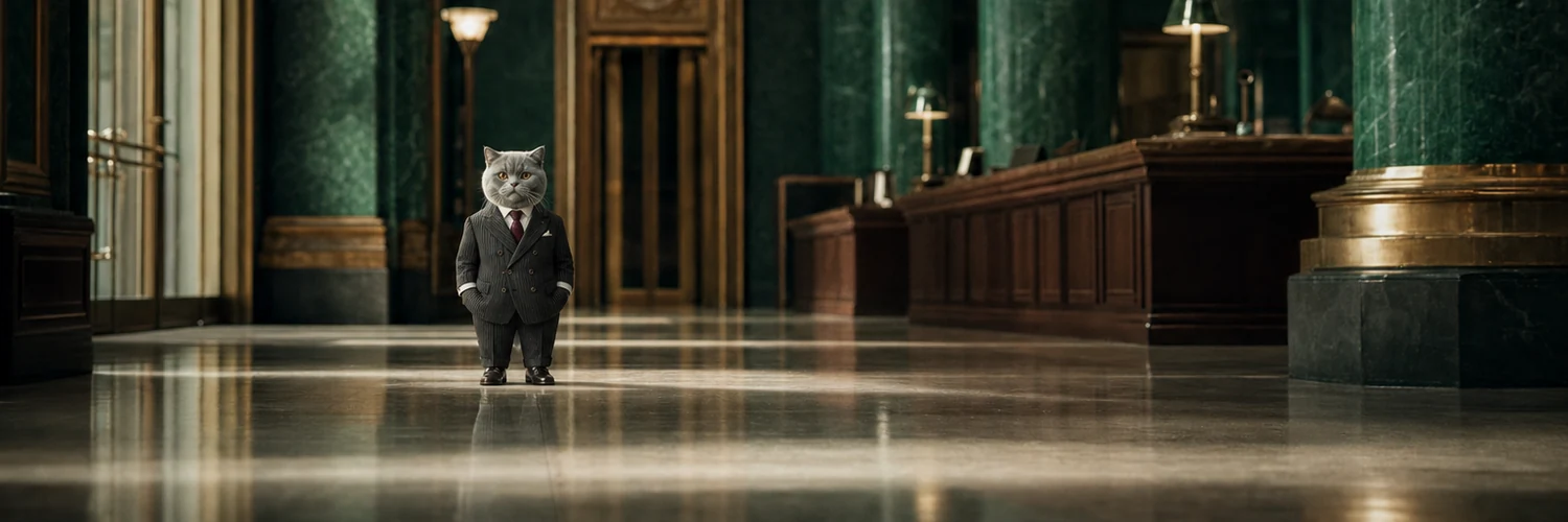 The empty marble banking hall, with Meowgan Stanley a small figure at its centre