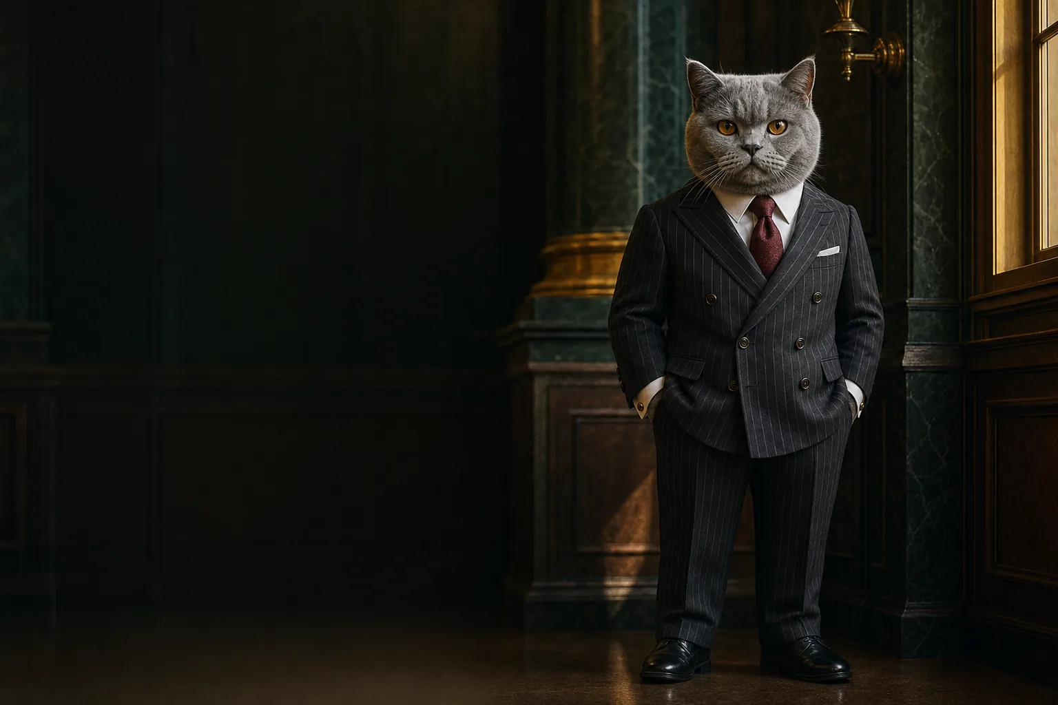 Meowgan Stanley standing in a dark panelled bank interior in a chalk-stripe suit