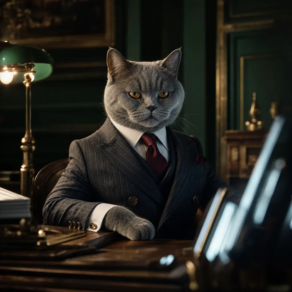Meowgan at a walnut desk at night, lit by the blur of trading screens