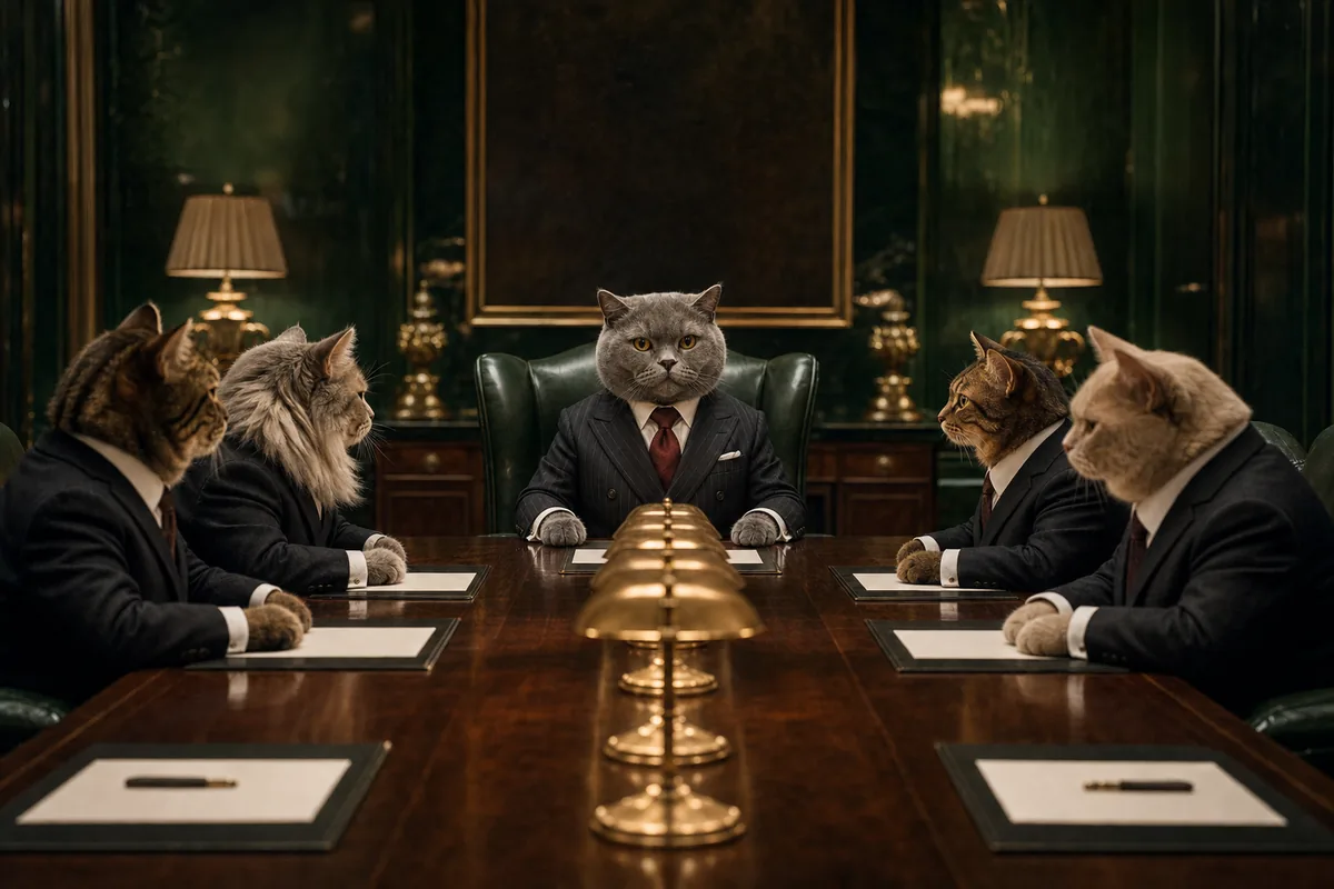 A long boardroom table with Meowgan at the head and four cats along the sides