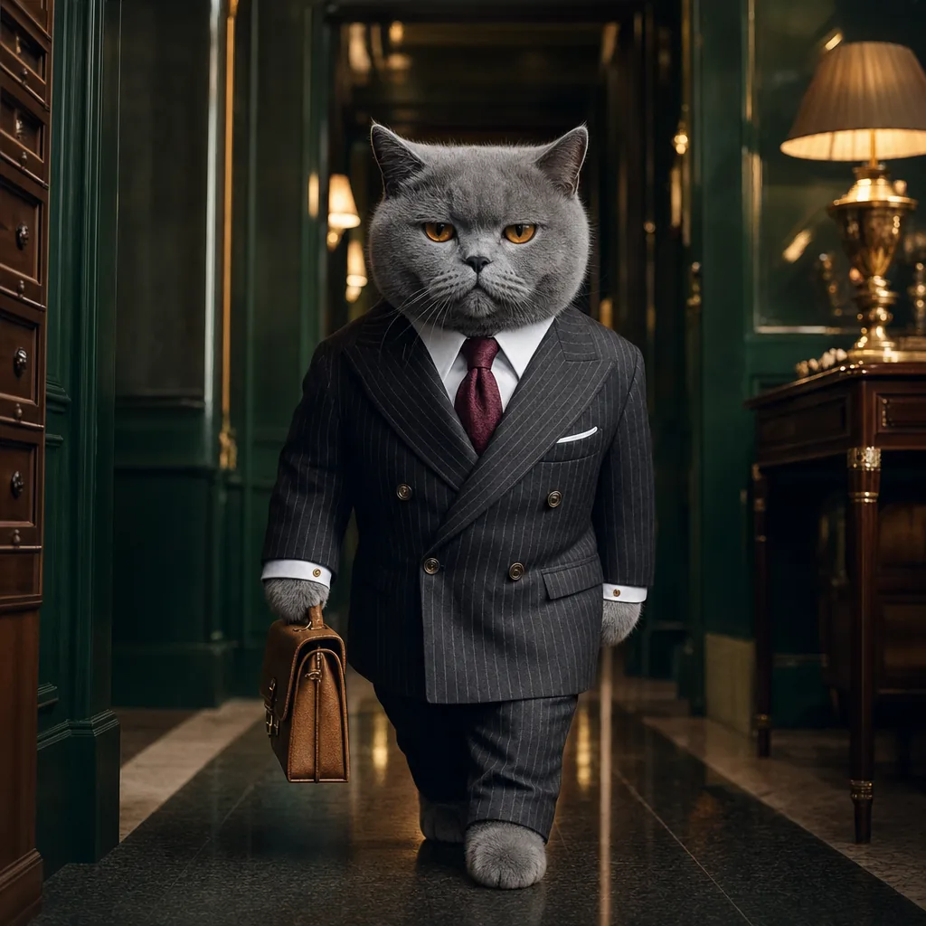 Meowgan walking down a green lacquered corridor carrying a small leather briefcase