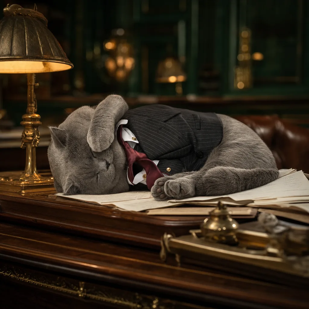 Meowgan asleep on the desk among scattered papers, tie loosened