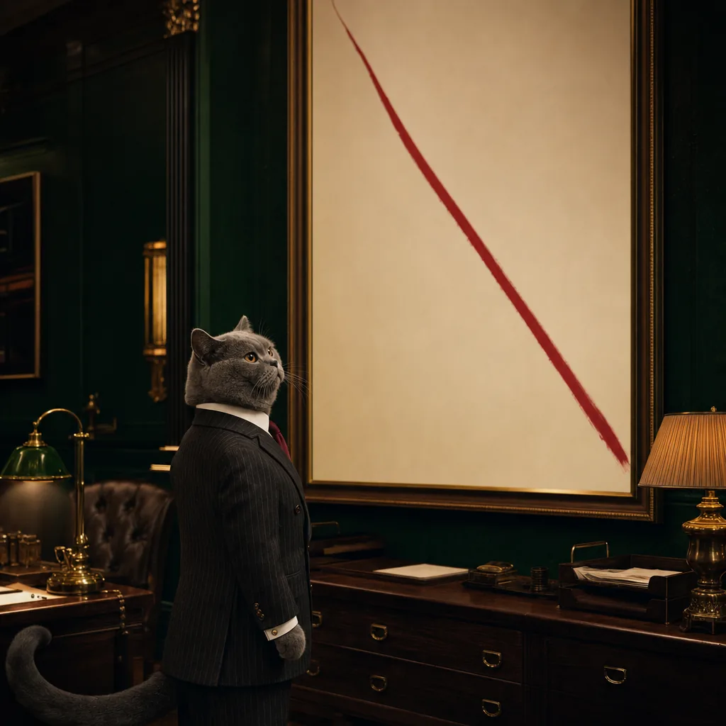 Meowgan looking up at a framed canvas showing a single steeply falling red line