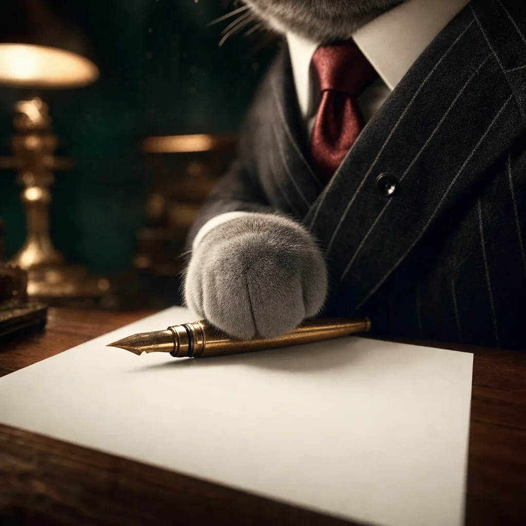 Close macro of a silver-grey paw resting on a brass fountain pen over blank paper