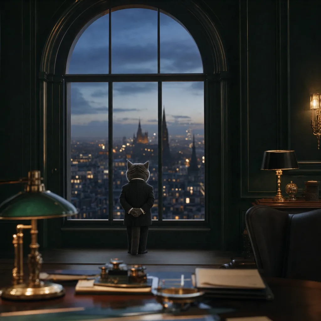 Meowgan seen from behind at a tall arched window over a city at dusk