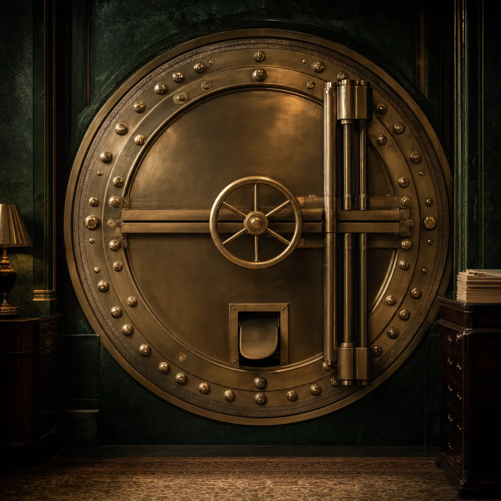 A colossal brass bank vault door with a small cat flap cut into the bottom